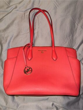 Michael Kors Coral-Red Saffiano Tote with MK Charm